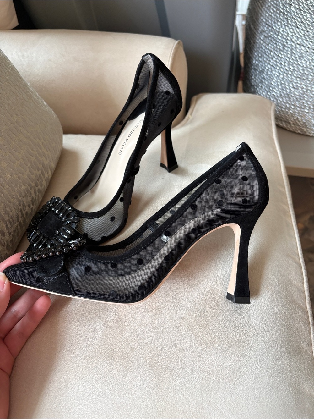 ANTONIO MELANI Black Pointed-Toe Embellished Mesh Pumps - Picture 2 of 2